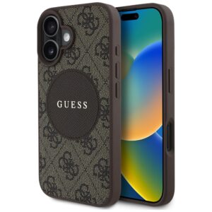 Dėklas Guess 4G Circle Classic Logo MagSafe Apple iPhone 16 rudos spalvos