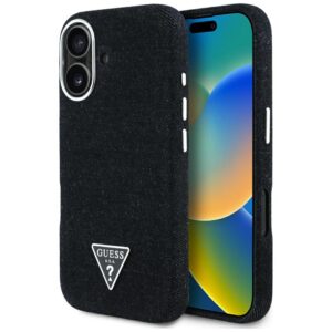 Dėklas Guess Denim Triangle Logo MagSafe Apple iPhone 16 juodos spalvos