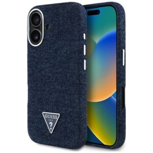 Dėklas Guess Denim Triangle Logo MagSafe Apple iPhone 16 blue