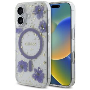 Dėklas Guess Resin Flowers Glitter MagSafe Apple iPhone 16 violetinės spalvos