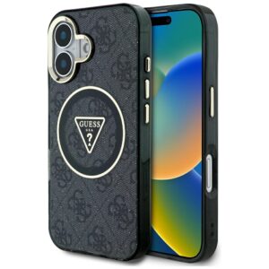 Dėklas Guess IML Metal Glitter 4G Circle Triangle MagSafe Apple iPhone 16 juodos spalvos