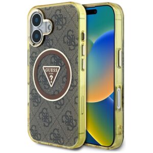 Dėklas Guess IML Metal Glitter 4G Circle Triangle MagSafe Apple iPhone 16 rudos spalvos