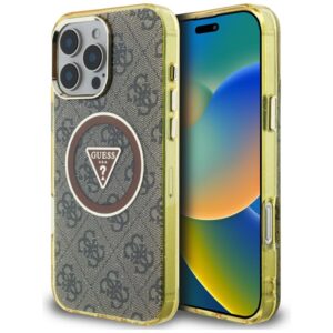 Dėklas Guess IML Metal Glitter 4G Circle Triangle MagSafe Apple iPhone 16 Pro Max rudos spalvos