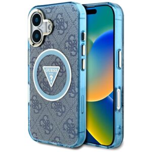 Dėklas Guess IML Metal Glitter 4G Circle Triangle MagSafe Apple iPhone 16 blue