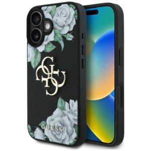 Dėklas Guess Grained Roses Big 4G logo Apple iPhone 16 juodos spalvos