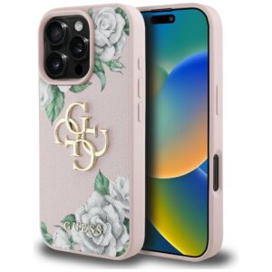 Dėklas Guess Grained Roses Big 4G logo Apple iPhone 16 Pro Max rožinės spalvos