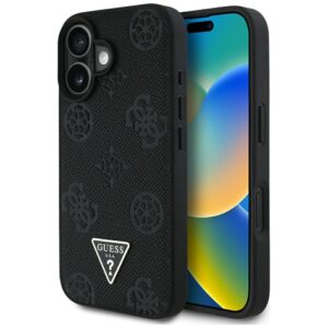 Dėklas Guess Grained Hot Stamp Peony Triangle Logo MagSafe Apple iPhone 16 juodos spalvos