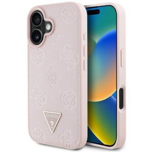 Dėklas Guess Grained Hot Stamp Peony Triangle Logo MagSafe Apple iPhone 16 rožinės spalvos