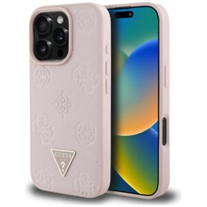 Dėklas Guess Grained Hot Stamp Peony Triangle Logo MagSafe Apple iPhone 16 Pro rožinės spalvos