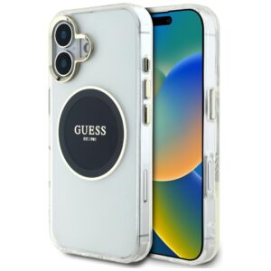 Dėklas Guess IML Metal Colored Circle Classic Logo MagSafe Apple iPhone 16 juodos spalvos