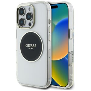 Dėklas Guess IML Metal Colored Circle Classic Logo MagSafe Apple iPhone 16 Pro juodos spalvos
