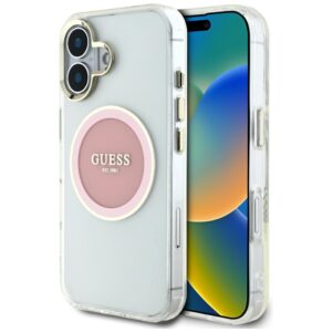 Dėklas Guess IML Metal Colored Circle Classic Logo MagSafe Apple iPhone 16 rožinės spalvos
