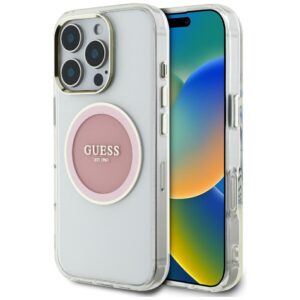 Dėklas Guess IML Metal Colored Circle Classic Logo MagSafe Apple iPhone 16 Pro Max rožinės spalvos