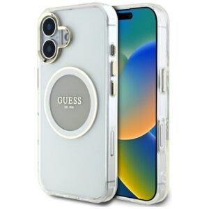 Dėklas Guess IML Metal Colored Circle Classic Logo MagSafe Apple iPhone 16 grey