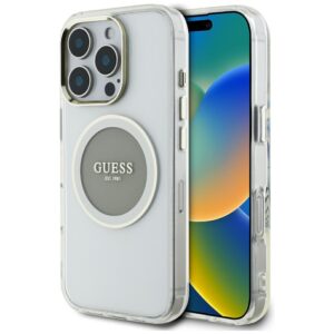 Dėklas Guess IML Metal Colored Circle Classic Logo MagSafe Apple iPhone 16 Pro grey