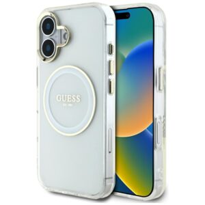 Dėklas Guess IML Metal Colored Circle Classic Logo MagSafe Apple iPhone 16 baltos spalvos