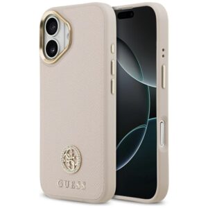 Dėklas Guess Grained Strass Logo MagSafe Apple iPhone 17 rožinės spalvos
