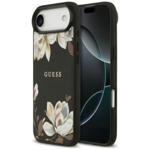 Guess Grained Flowers Classic Logo MagSafe dėklas Apple iPhone Air juodos spalvos - Image 1