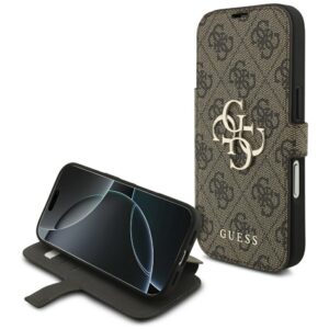 Guess Book 4G Metal Logo Dėklas Apple iPhone 17 Pro rudos spalvos