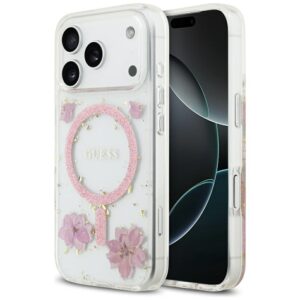 Dėklas Guess Resin Flowers Glitter MagSafe Apple iPhone 17 Pro rožinės spalvos