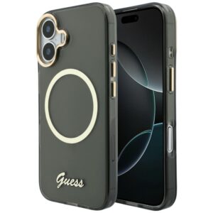Dėklas Guess IML Script Metal MagSafe Apple iPhone 17 juodos spalvos