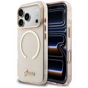 Dėklas Guess IML Script Metal MagSafe Apple iPhone 17 Pro rožinės spalvos