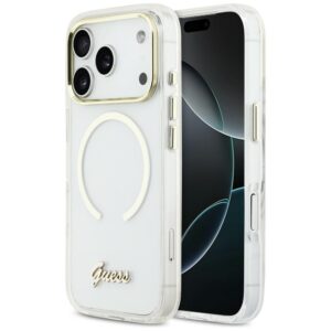 Dėklas Guess IML Script Metal MagSafe Apple iPhone 17 Pro skaidrus