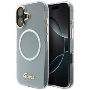 Dėklas Guess IML Gradient Script Metal MagSafe Apple iPhone 17 baltos spalvos