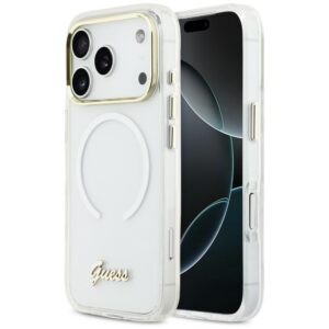 Dėklas Guess IML Gradient Script Metal MagSafe Apple iPhone 17 Pro baltos spalvos