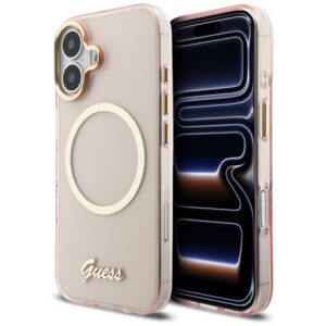 Dėklas Guess IML Script Metal MagSafe Apple iPhone 17 rožinės spalvos