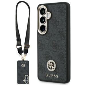 Dėklas Guess 4G Big Rhinestone Triangle Strap MagSafe for Samsung Galaxy S26 juodos spalvos