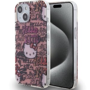Hello Kitty HKHCP15SHDGPTP Apple iPhone 15 /14 / 13 6.1" rožinės spalvos kietas dėklas IML Tags Graffiti