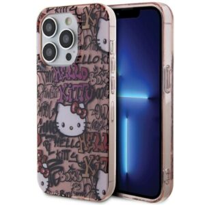 Hello Kitty HKHCP15XHDGPTP Apple iPhone 15 Pro Max 6.7" rožinės spalvos kietas dėklas IML Tags Graffiti