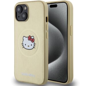Hello Kitty HKHMP15SPGHCKD Apple iPhone 15 /14 / 13 6.1" gold kietas dėklas Leather Kitty Head MagSafe