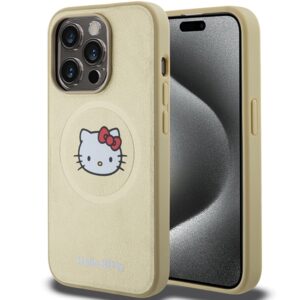 Hello Kitty HKHMP15LPGHCKD Apple iPhone 15 Pro 6.1" Gold kietas dėklas Leather Kitty Head MagSafe
