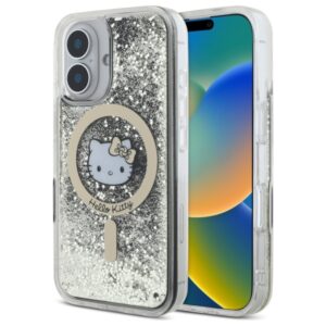 Hello Kitty HKHMP16SLGDIK Apple iPhone 16 6.1" juodos spalvos gold kietas dėklas Liquid Glitter Fever MagSa