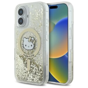 Hello Kitty HKHMP16SLGDIH Apple iPhone 16 6.1" baltos spalvos gold kietas dėklas Liquid Glitter Fever MagSaf