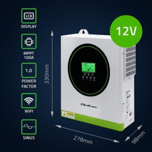Qoltec 53863 Hibridinis saulės inverteris, neprisijungęs prie tinklo, 1500 W | 100 A | 12 V | MPPT | Sinusinis | „Wi-Fi“ (pasirinktinai) | Galios koeficientas 1,0 - Image 2