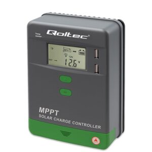 Qoltec 53663 Saulės įkrovimo valdiklis MPPT su temperatūros jutikliu 40A | 12V / 24V | LCD | 2x USB
