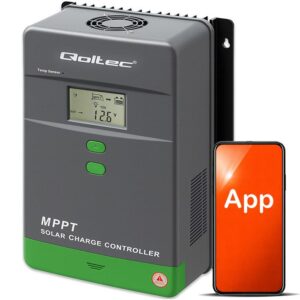 Qoltec 53670 Saulės įkrovimo valdiklis MPPT su temperatūros jutikliu 80A | 12V / 24V | LCD | Bluetooth | Programėlė | GEL | LiFePO4