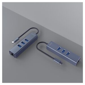 Savio AK-57 USB-C - 3 x USB-A šakotuvas su RJ-45 Gigabit Ethernet adapteriu, 5000 Mbps, pilkos spalvos - Image 3