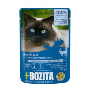 BOZITA Sterilised Mėsos gabaliukai padaže su šiaurės elniena – šlapias pašaras katei – 85g
