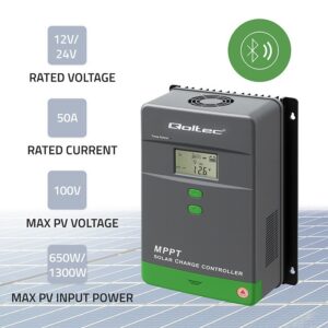Qoltec 53664 Saulės įkrovimo valdiklis MPPT su temperatūros jutikliu 50A | 12V / 24V | LCD | Bluetooth | Programėlė | GEL | LiFePO4 - Image 2