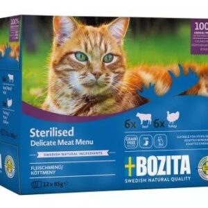 BOZITA sterilizuoti gabaliukai drebučiuose su mėsa - drėgnas kačių maistas -12 x 85g