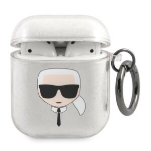 Karl Lagerfeld KLA2UKHGS AirPods dėklas sidabro spalvos Glitter Karl`s Head