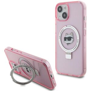 Karl Lagerfeld KLHMP15SHMRSCHP Apple iPhone 15/ 14 / 13 6.1" rožinės spalvos kietas dėklas Ring Stand Choupette Head - Image 1