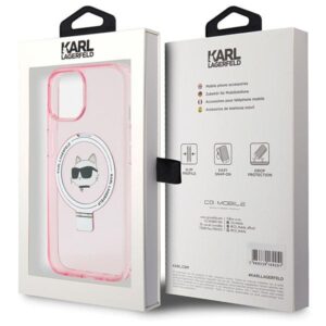 Karl Lagerfeld KLHMP15SHMRSCHP Apple iPhone 15/ 14 / 13 6.1" rožinės spalvos kietas dėklas Ring Stand Choupette Head - Image 8