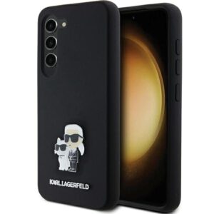 Karl Lagerfeld KLHCS24SSMHKCNPK S24 S921 kietas dėklas juodos spalvos Silicone Karl&Choupette Metal Pin - Image 1