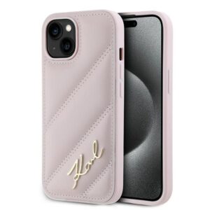 Karl Lagerfeld KLHCP14SPQDSMGP Apple iPhone 14 / 15 / 13 6.1" rožinės spalvos kietas dėklas Diagonal Quilted Script - Image 1