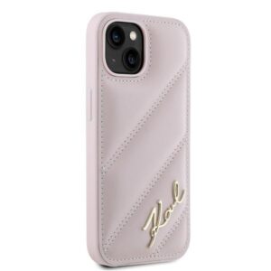 Karl Lagerfeld KLHCP15SPQDSMGP Apple iPhone 15/ 14 / 13 6.1" rožinės spalvos kietas dėklas Diagonal Quilted Script - Image 4